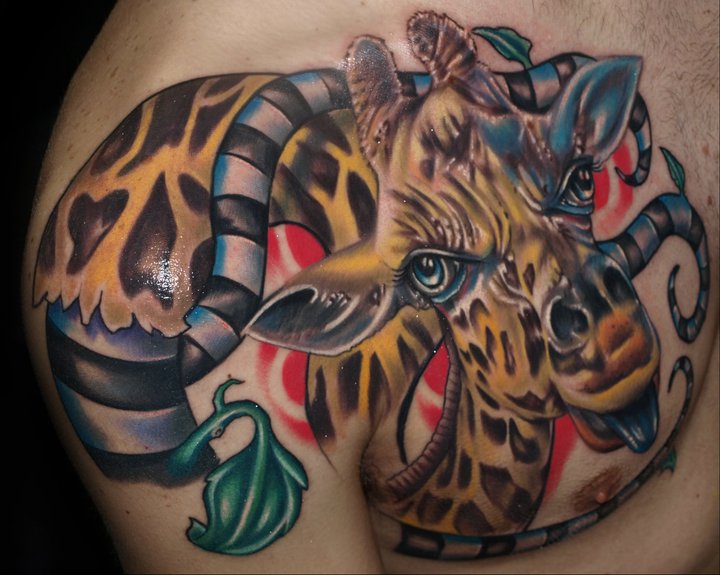 Shoulder Chest Giraffe Tattoo by Tattoo by Roman