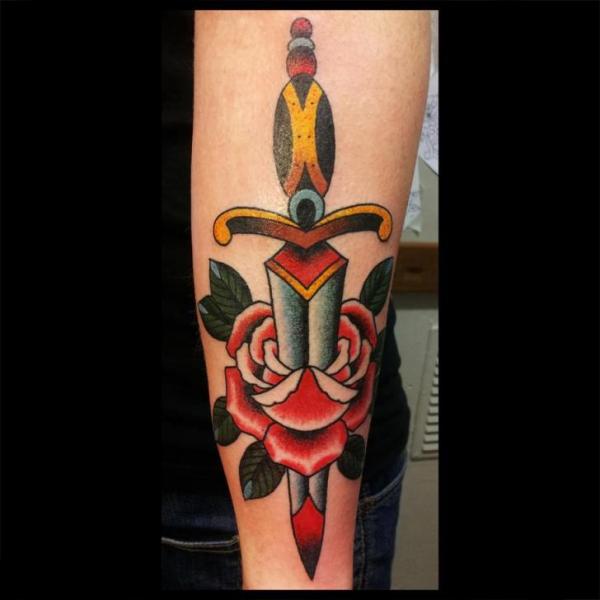 Arm Old School Flower Dagger Tattoo by Spilled Ink Tattoo