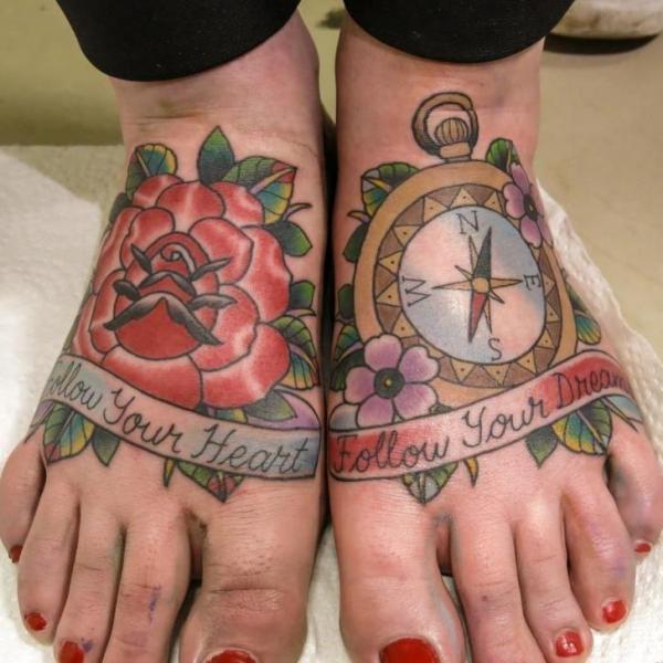 Old School Foot Flower Compass Tattoo By Spilled Ink Tattoo