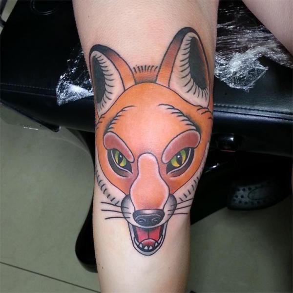 New School Leg Wolf Tattoo by Spilled Ink Tattoo