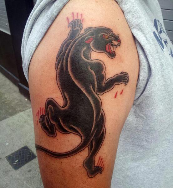 Shoulder Old School Panther Tattoo by Spilled Ink Tattoo