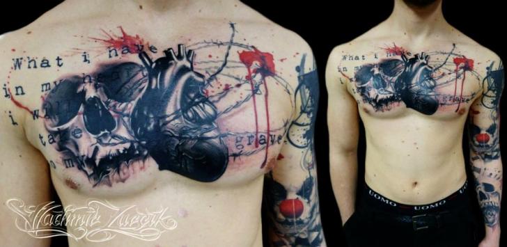 Chest Heart Skull Trash Polka Tattoo by Tattoo Rascal
