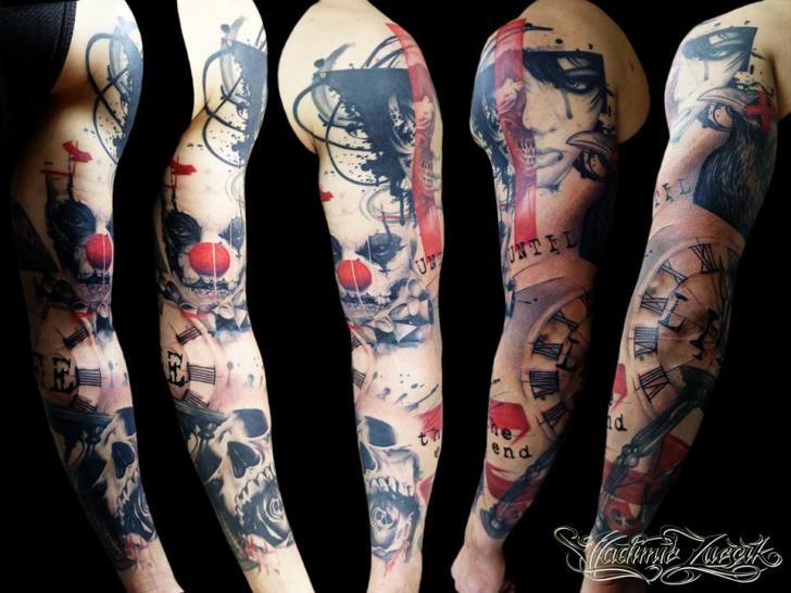 Trash Polka Sleeve Tattoo by Tattoo Rascal