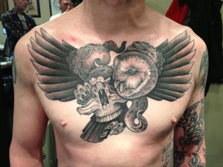 Chest Old School Skull Owl Wings Tattoo by Mitch Allenden