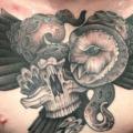 Chest Old School Skull Owl Wings tattoo by Mitch Allenden