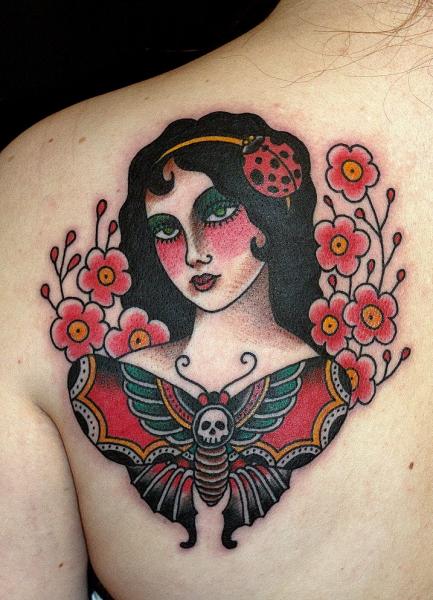 Old School Women Back Moth Tattoo by The Sailors Grave