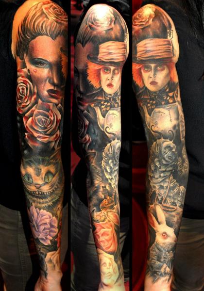 Fantasy Tim Burton Alice Wonderland Sleeve Tattoo by Benjamin Laukis