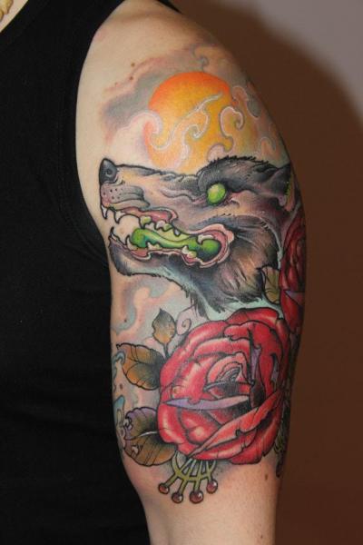 Arm New School Flower Wolf Tattoo by Victor Chil