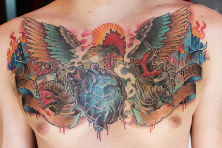 Chest Heart Tattoo Machine Rooster Tattoo by Victor Chil