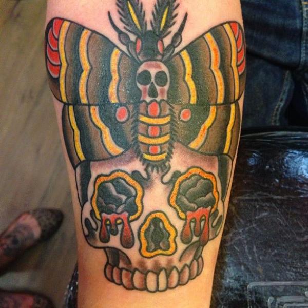 Arm Old School Skull Moth Tattoo by Triple Six Studios
