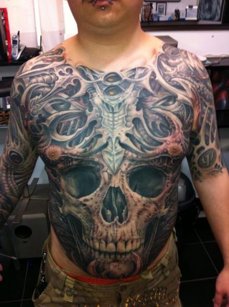 Shoulder Biomechanical Chest Skull Belly Tattoo by Fatink Tattoo