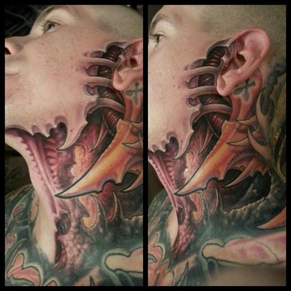 Biomechanical Head Neck Tattoo by Fatink Tattoo