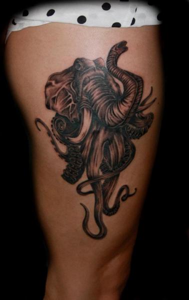 Fantasy Elephant Octopus Thigh Tattoo by Fatink Tattoo