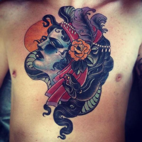 New School Snake Chest Gypsy Tattoo by Emily Rose Murray