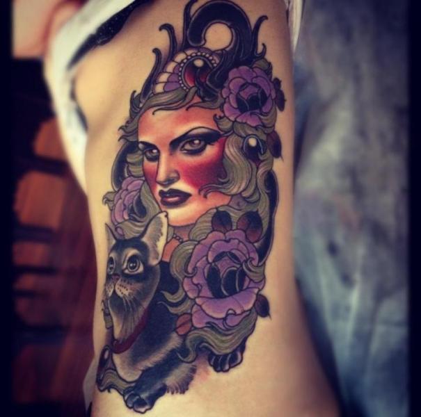 New School Seite Frauen Katzen Tattoo von Emily Rose Murray