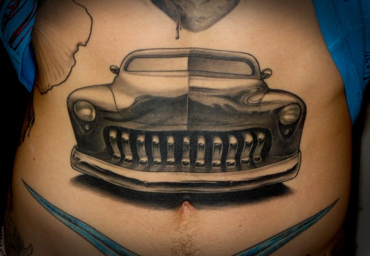 Realistic Belly Car Tattoo by Salt Water Tattoo