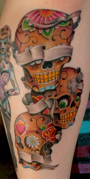 Leg Mexican Skull Tattoo by Tim Mc Evoy