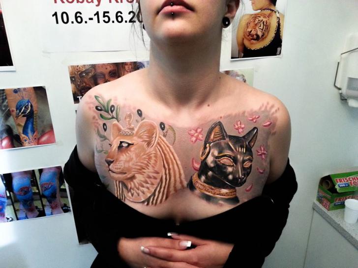 Cat Breast Sphinx Egypt Tattoo by Kronik Tattoo