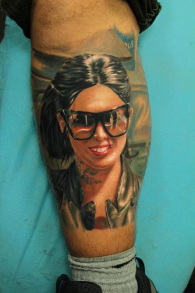 Portrait Realistic Calf Tattoo by Kronik Tattoo