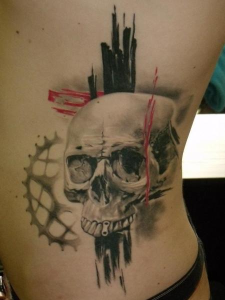 Skull Back Trash Polka Tattoo by Qrucz Tattoo