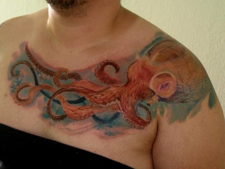 Shoulder Realistic Breast Octopus Tattoo by Qrucz Tattoo