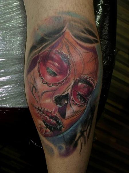 Calf Mexican Skull Tattoo by Qrucz Tattoo