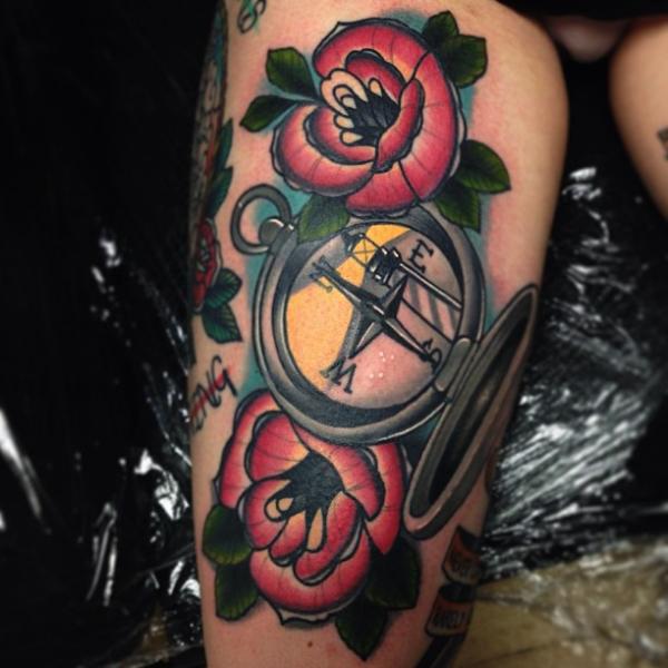 Arm Old School Flower Compass Tattoo by Mike Stocklings