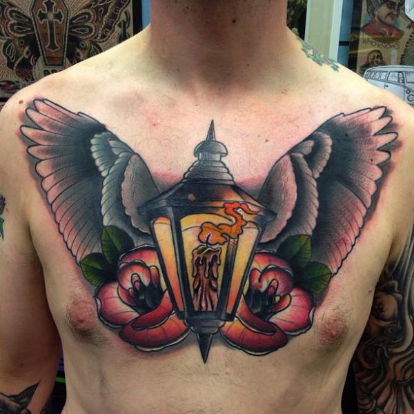 New School Chest Flower Lamp Wings Tattoo by Mike Stocklings