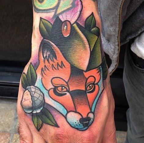 New School Hand Fox Hat Tattoo by Mike Stocklings