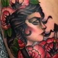 New School Flower Gypsy Thigh tattoo by Mike Stocklings
