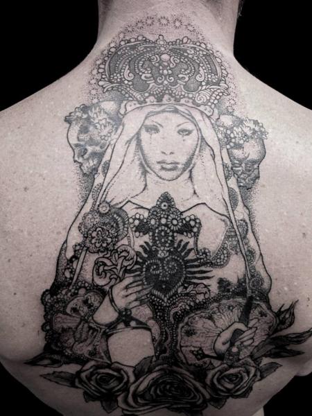 Tatuaggio Schiena Religiosi Dotwork di The Lace Makers Sweat Shop