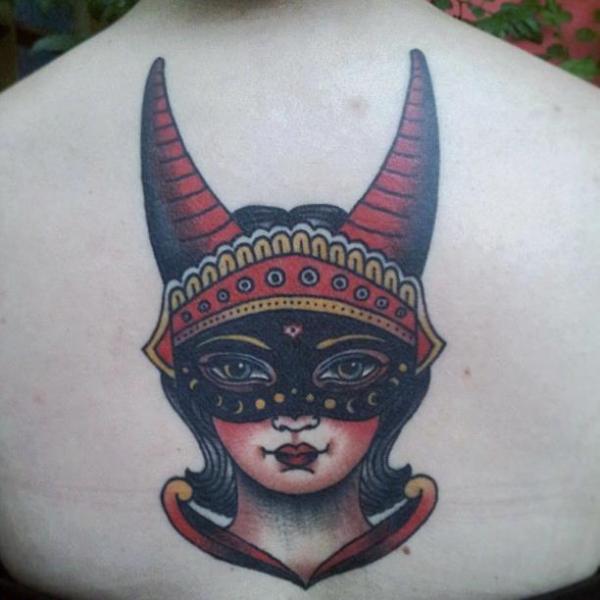 Old School Back Mask Tattoo by Sailor Serpent
