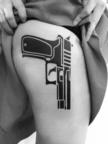 Gun Tribal Thigh Tattoo by 2 Spirit Tattoo