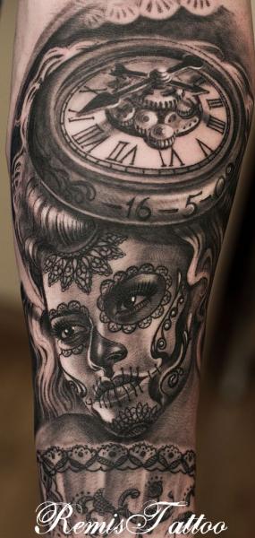 Arm Clock Mexican Skull Tattoo by Remis Tatooo