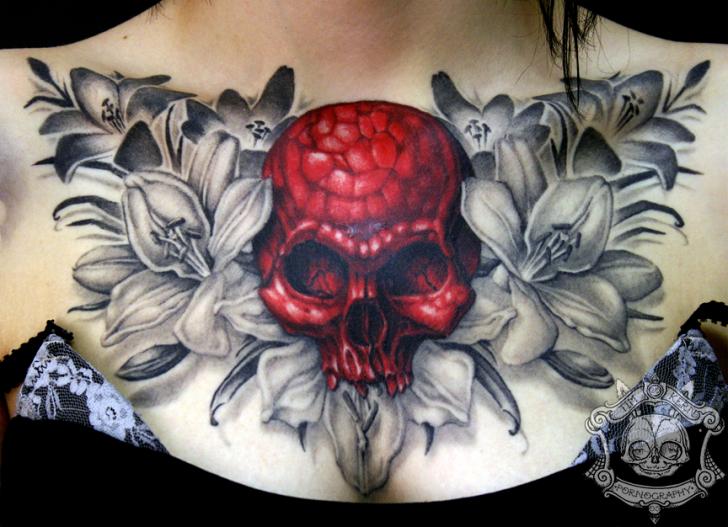 Chest Flower Skull Tattoo by Tim Kerr
