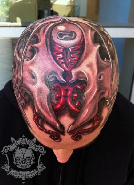 Biomechanical Head Tattoo by Tim Kerr