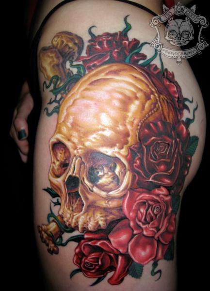 Leg Flower Skull Tattoo by Tim Kerr
