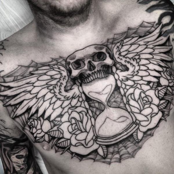 Chest Skull Clepsydra Wings Tattoo by Border Line Tattoos