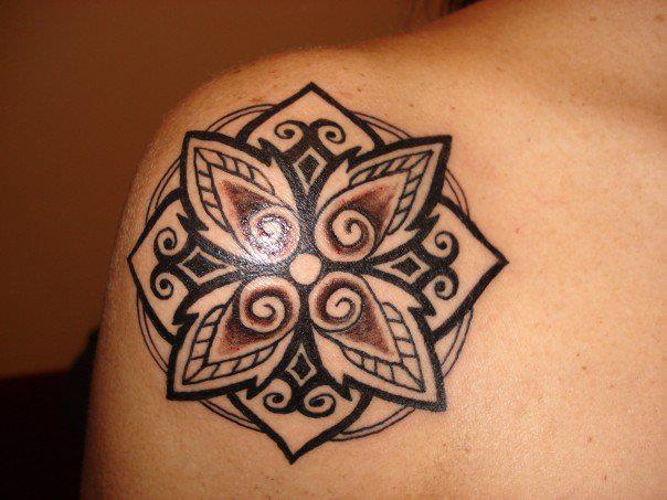 Shoulder Flower Tribal Tattoo by Border Line Tattoos