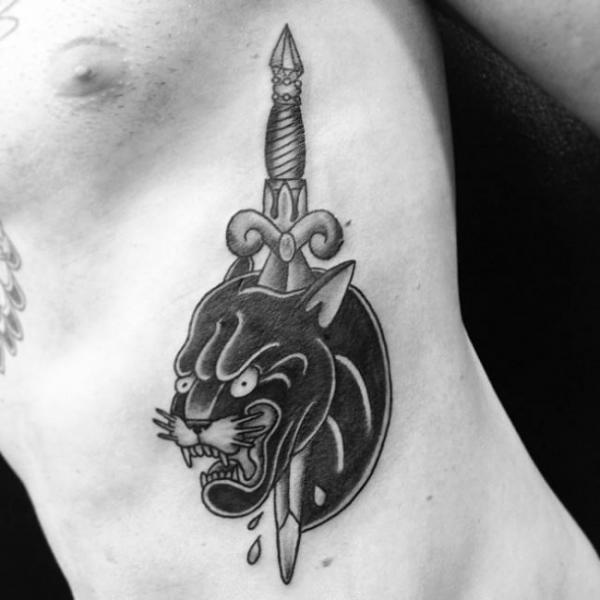 Old School Side Dagger Panther Tattoo by Border Line Tattoos