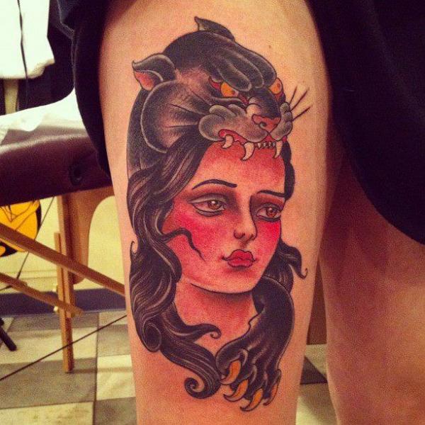 Old School Women Panther Thigh Tattoo by Pioneer Tattoo