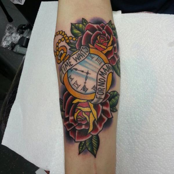 Arm Clock Old School Flower Lettering Tattoo by Alans Tattoo Studio