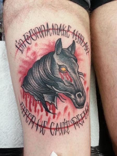 Old School Lettering Horse Thigh Tattoo by Alans Tattoo Studio