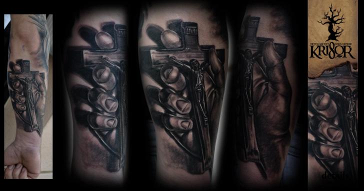 Arm Realistic Hand Religious Crux 3d Tattoo by Kri8or