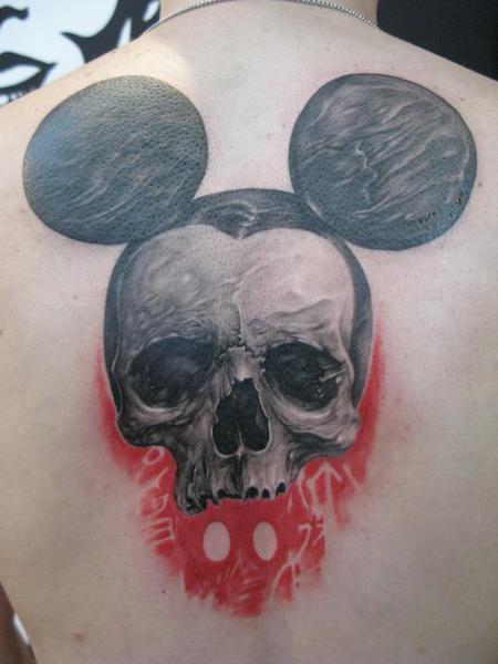 Fantasy Skull Back Mickey Mouse Tattoo by Elvin Tattoo