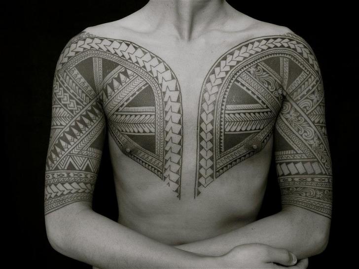 Shoulder Arm Chest Tribal Tattoo by Apocaript
