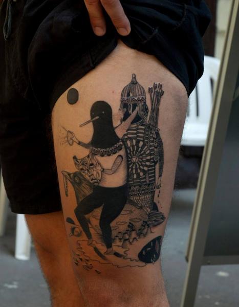 ファンタジー ドットワーク 腿 タトゥー よって Dark Art Tattoo