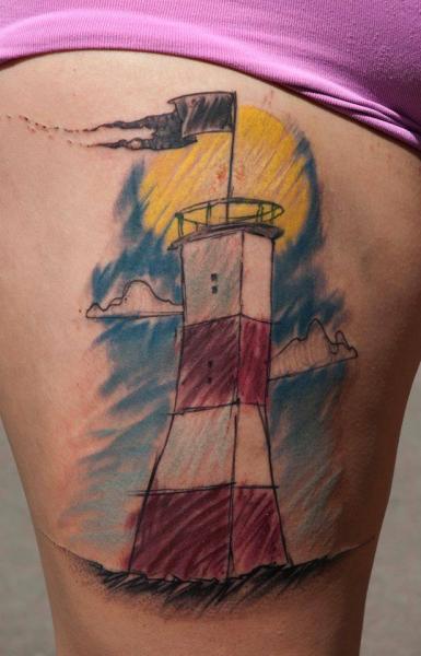 Lighthouse Thigh Tattoo by Dark Art Tattoo