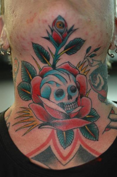 Old School Flower Skull Neck Tattoo by Chad Koeplinger