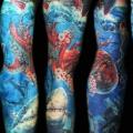 Realistic Shark Sea Boat Octopus Sleeve tattoo by Ivan Yug